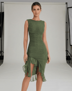 Elara Midi Dress - Green ruched midi dress with ruffle hem, sleeveless fit, flattering silhouette by Lauven.