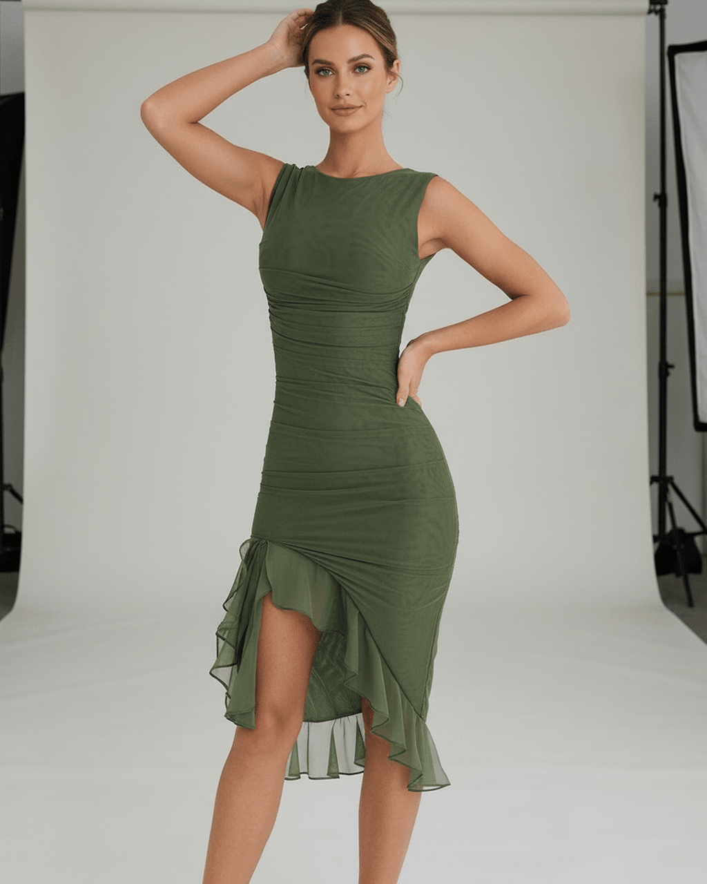 Elara Midi Dress – Green ruched dress with ruffle hem, sleeveless fit, elegant style by Lauven.