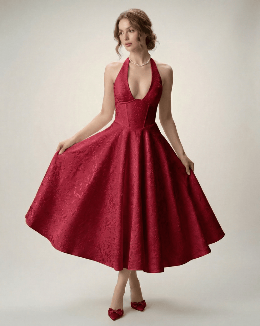 Elara Midi Dress by Lauven, elegant midi dress featuring halter neckline and voluminous A-line silhouette in rich red.