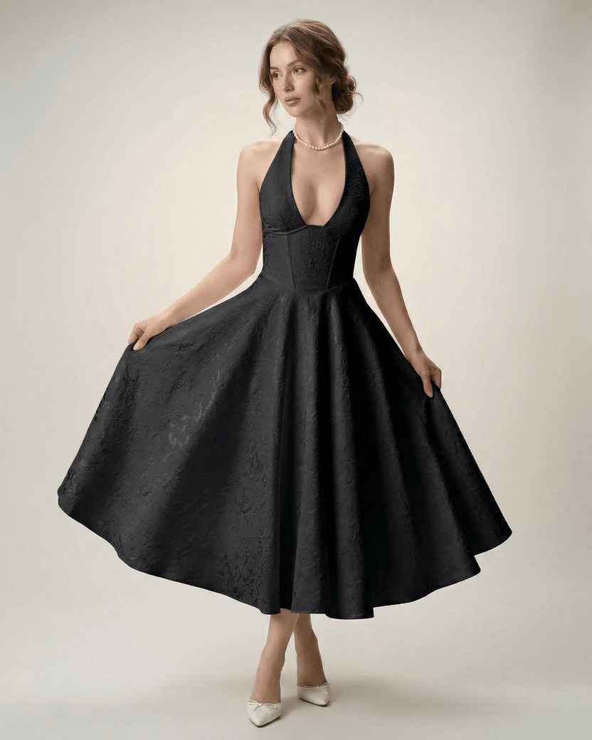Elara Midi Dress by Lauven - Elegant midi dress with halter neckline and A-line silhouette, perfect for sophisticated occasions.