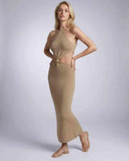 Elara Midi Dress in warm neutral tone, halter neck design with backless allure for a polished look by Lauven.