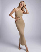 Elara Midi Dress showcasing a halter neck and backless design, capturing a refined, vacation-ready look by Lauven.