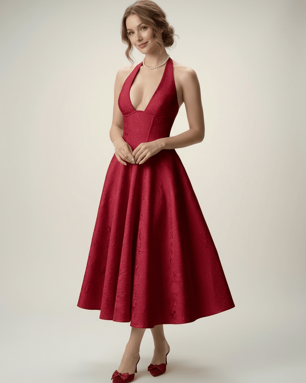 Elara Midi Dress by Lauven - Elegant midi dress with halter neckline, structured fit, and flattering A-line silhouette.