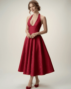 Elara Midi Dress by Lauven - Elegant midi dress with halter neckline, structured fit, and flattering A-line silhouette.