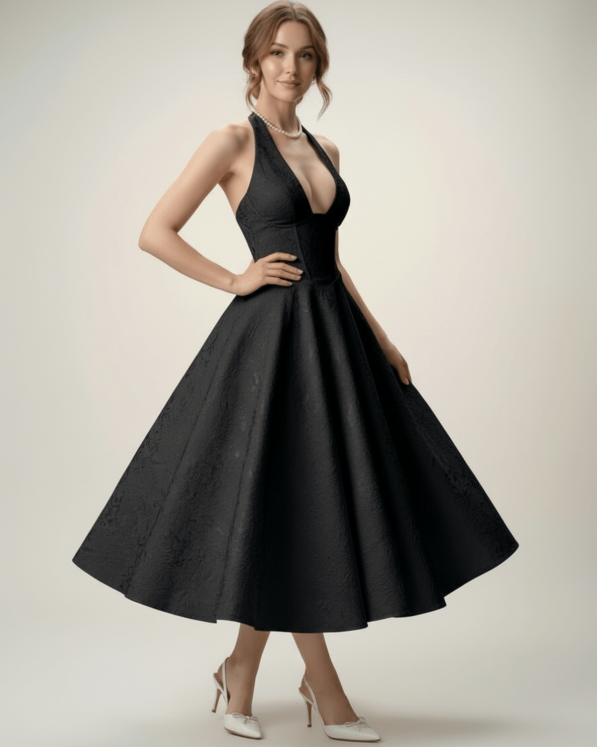 Elegant midi dress by Lauven featuring a halter neckline and structured A-line silhouette, perfect for sophisticated occasions.