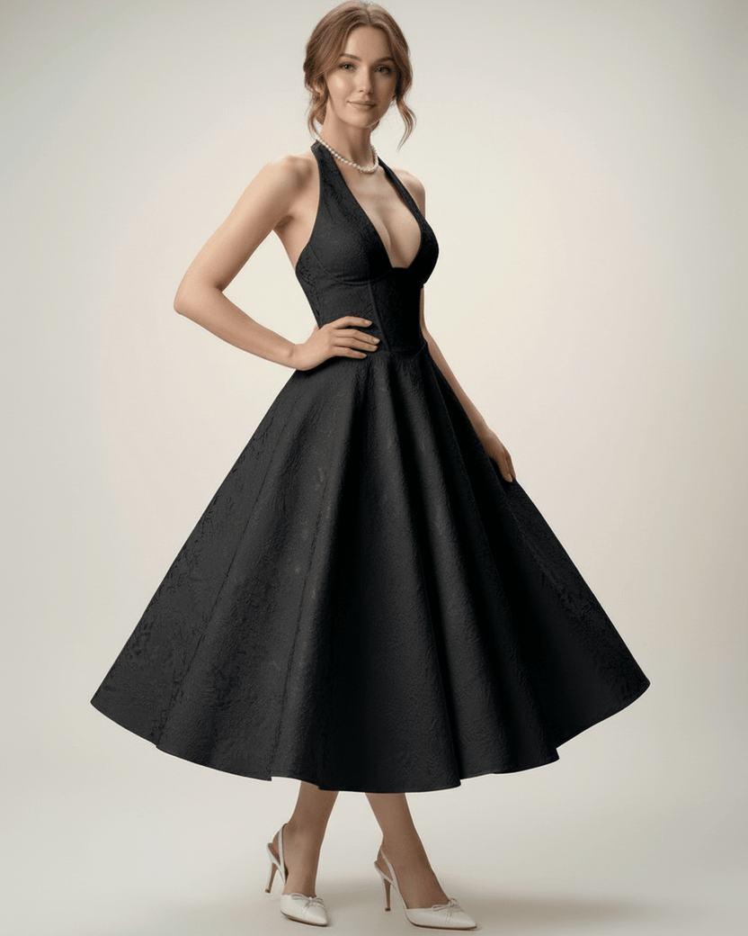 Elegant midi dress by Lauven featuring a halter neckline and structured A-line silhouette, perfect for sophisticated occasions.