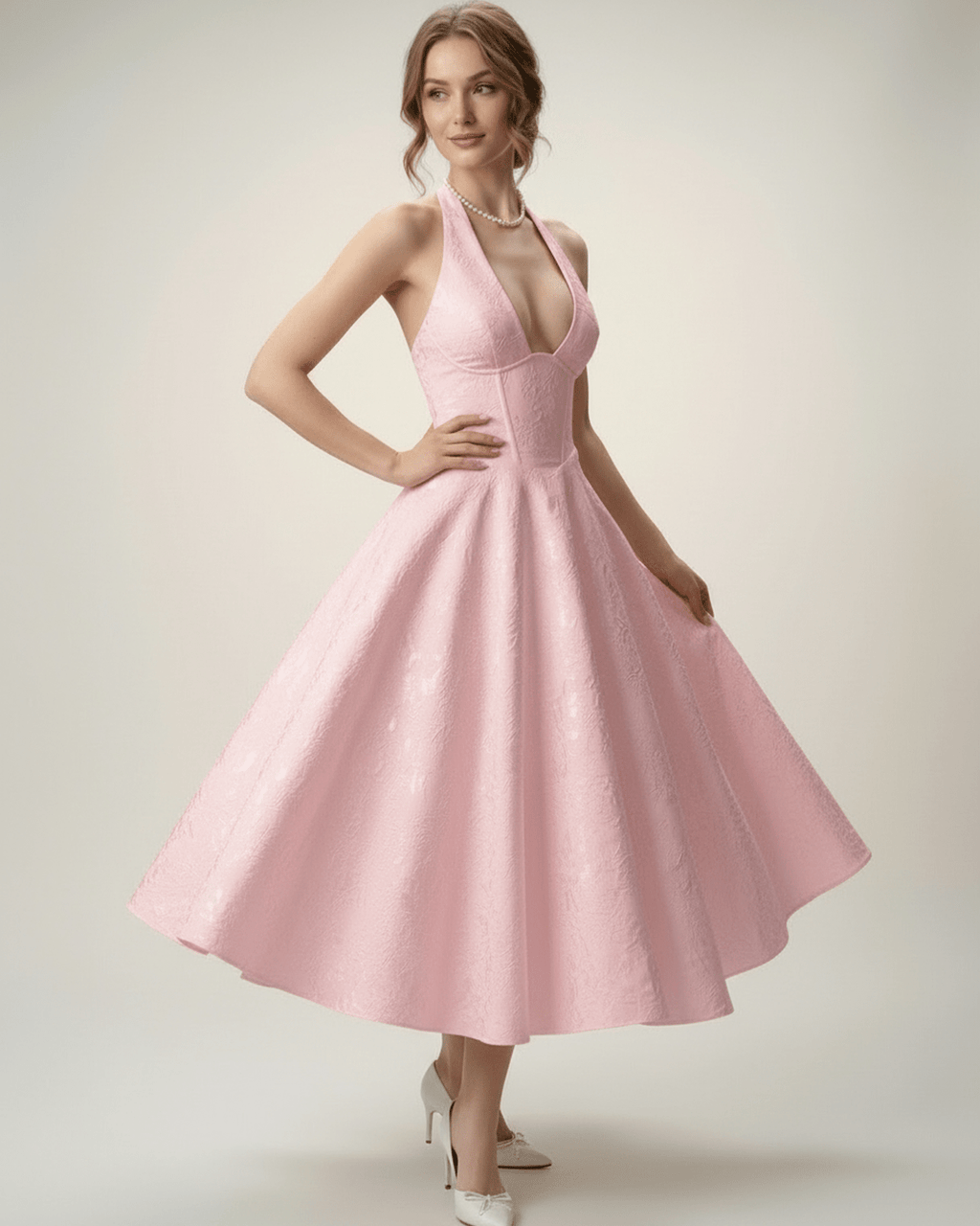 Elara Midi Dress in soft pink, featuring a halter neck and A-line silhouette, exuding elegance and sophistication by Lauven.