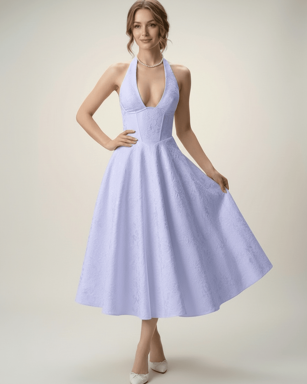 Elara Midi Dress in lavender, featuring an elegant halter neckline and A-line skirt by Lauven, perfect for any special occasion.