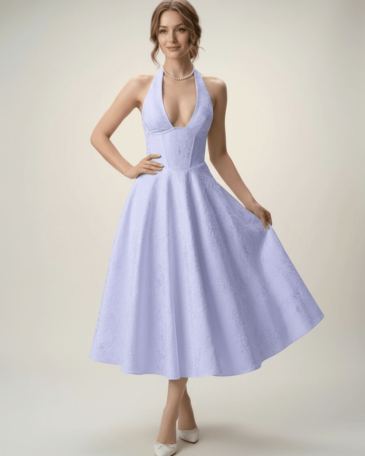 Elara Midi Dress in lavender, featuring an elegant halter neckline and A-line skirt by Lauven, perfect for any special occasion.