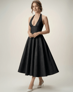 Elara Midi Dress by Lauven, elegant midi dress with halter neckline, A-line silhouette, and flattering fit.