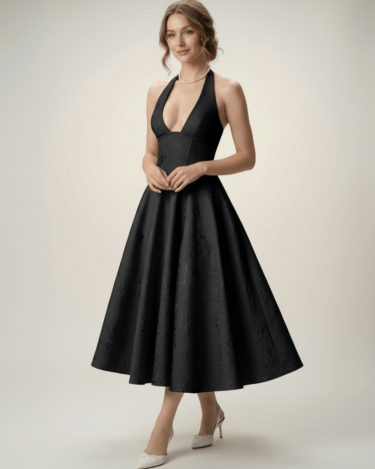 Elara Midi Dress by Lauven, elegant midi dress with halter neckline, A-line silhouette, and flattering fit.