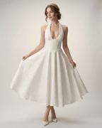 Elara Midi Dress by Lauven – Elegant midi dress with halter neckline, A-line skirt, and structured fit, perfect for timeless elegance.