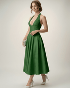 Elara Midi Dress in green, elegant halter A-line silhouette for a sophisticated look, by Lauven.