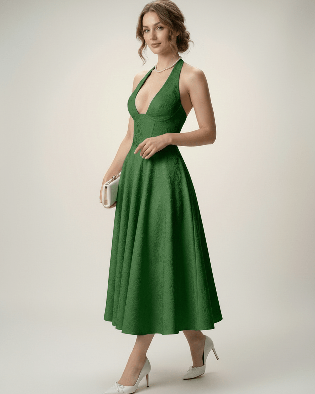 Elara Midi Dress in green, elegant halter A-line silhouette for a sophisticated look, by Lauven.