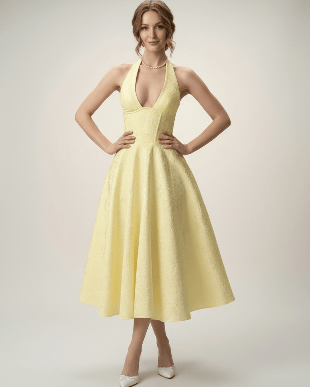 Elara Midi Dress by Lauven in soft yellow, featuring a halter neckline, A-line silhouette, and sculpted fit for elegant occasions.