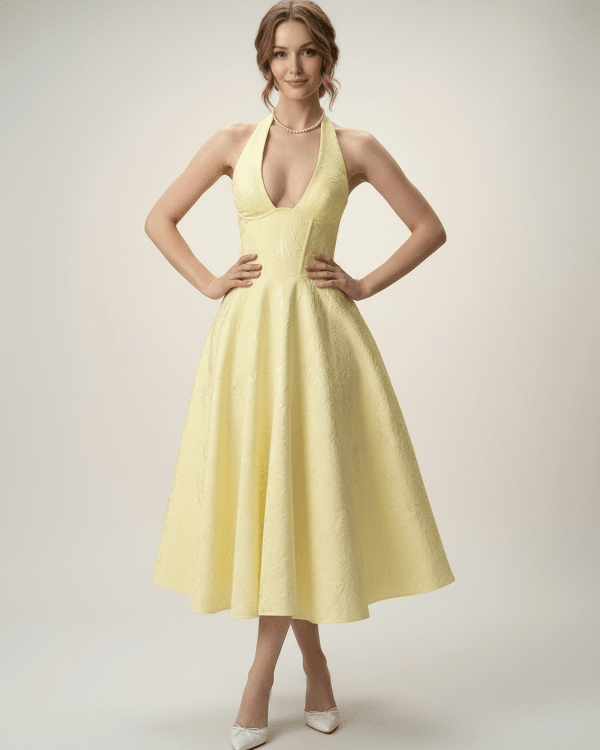 Elara Midi Dress by Lauven in soft yellow, featuring a halter neckline, A-line silhouette, and sculpted fit for elegant occasions.