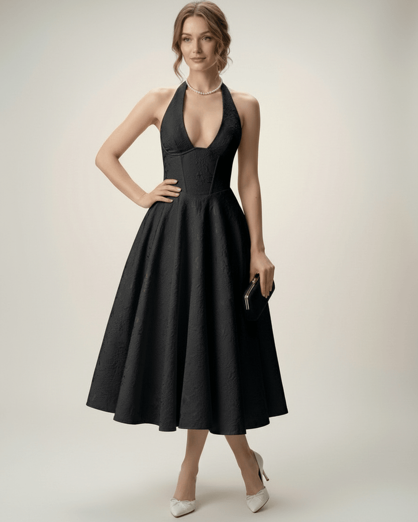 Elara Midi Dress by Lauven – elegant midi dress with halter neckline, structured fit, and A-line silhouette for timeless sophistication.