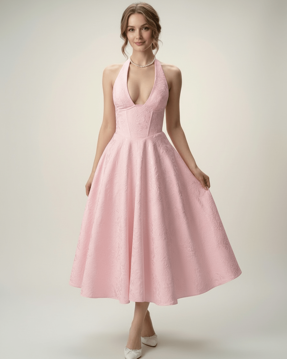 Elara Midi Dress in soft pink, featuring a halter neckline, A-line silhouette, and structured fit by Lauven.