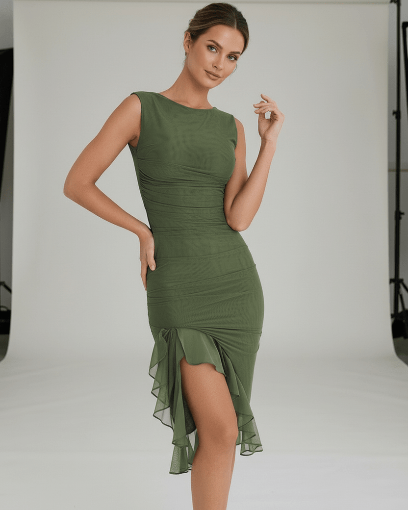 Elara Midi Dress - Green ruched dress with ruffle hem, sleeveless fit, enhancing elegance by Lauven.