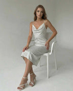 Elara Midi Dress by Lauven, satin-effect spaghetti strap dress for elegant evenings.