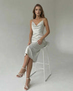 Elara Midi Dress by Lauven, elegant satin-effect spaghetti strap midi dress for refined occasions.