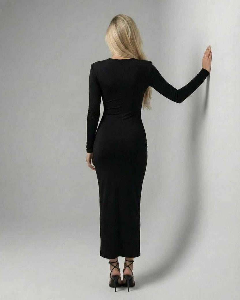 Elara Midi Dress by Lauven, sleek black sheath dress showcasing a slim fit silhouette from the back.
