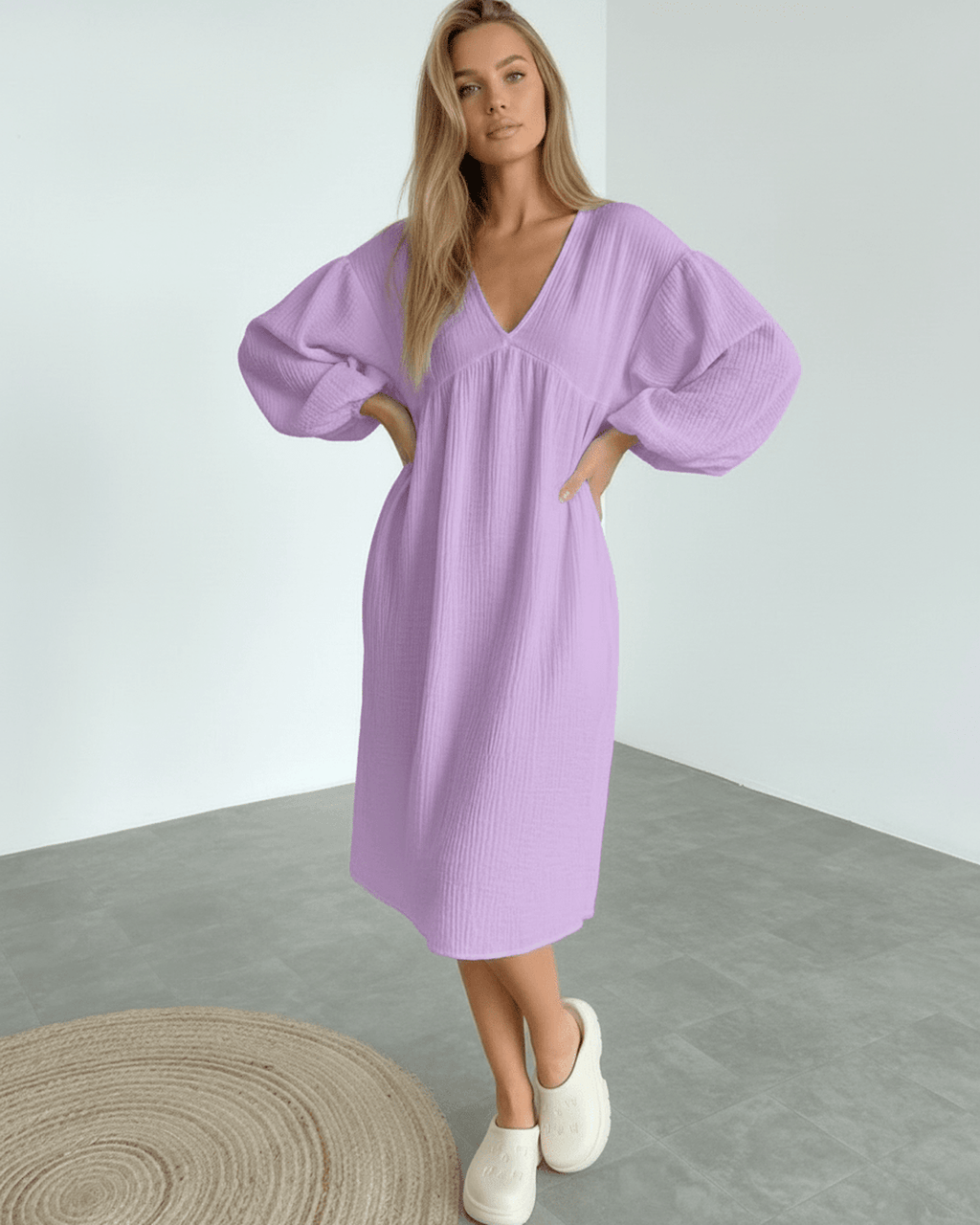 Elara Midi Dress in lavender cotton with puff sleeves, embodying soft elegance from Lauven brand.