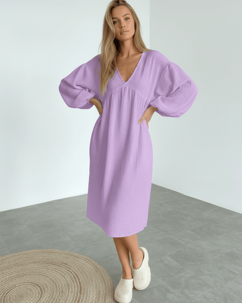 Elara Midi Dress in lavender cotton with puff sleeves, embodying soft elegance from Lauven brand.