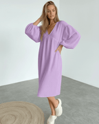 Elara Midi Dress in lavender cotton featuring puff sleeves, designed for elegance and comfort by Lauven.