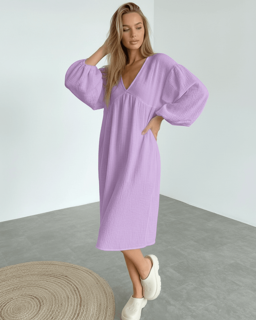Elara Midi Dress in lavender cotton featuring puff sleeves, designed for elegance and comfort by Lauven.