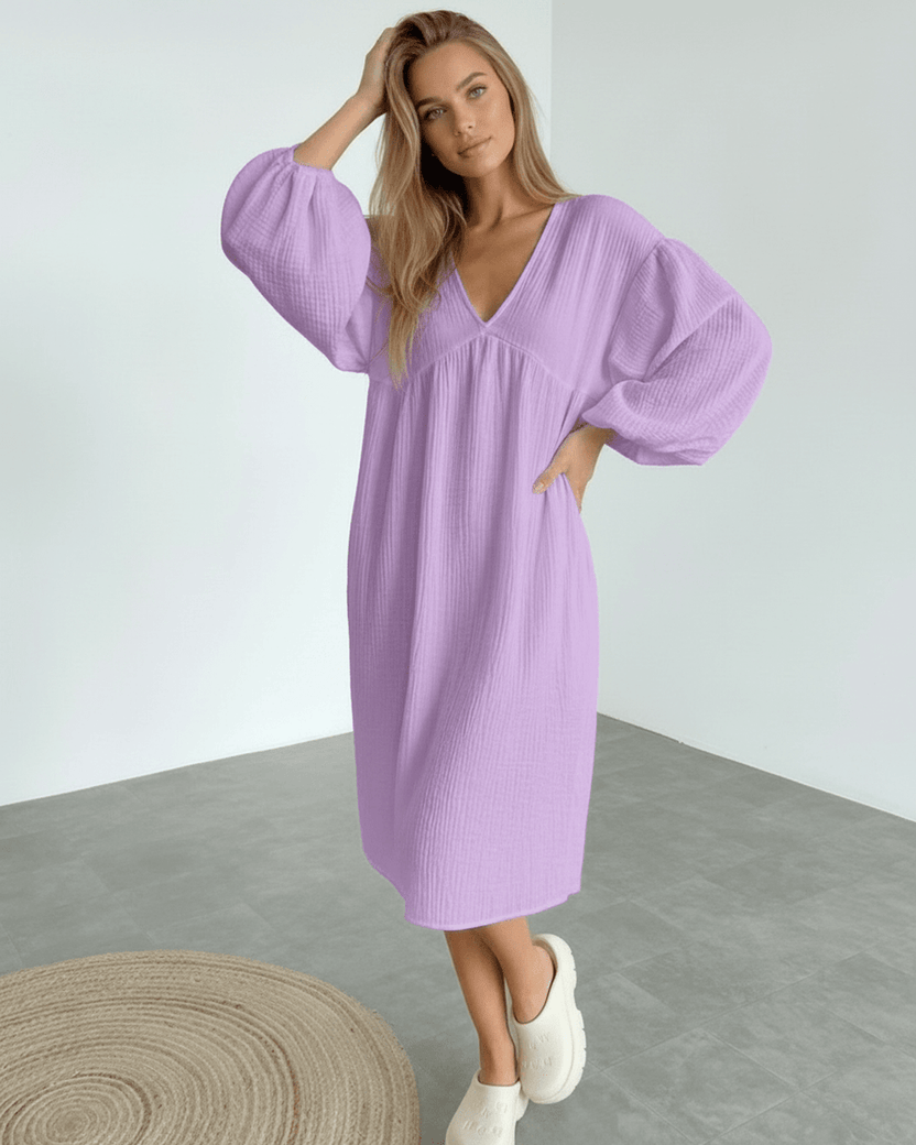 Elara Midi Dress in lavender cotton with puff sleeves, offering a soft and feminine silhouette by Lauven.