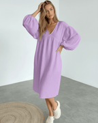 Elara Midi Dress – Lavender Cotton Midi Dress with Puff Sleeve Detail by Lauven, perfect for everyday elegance.