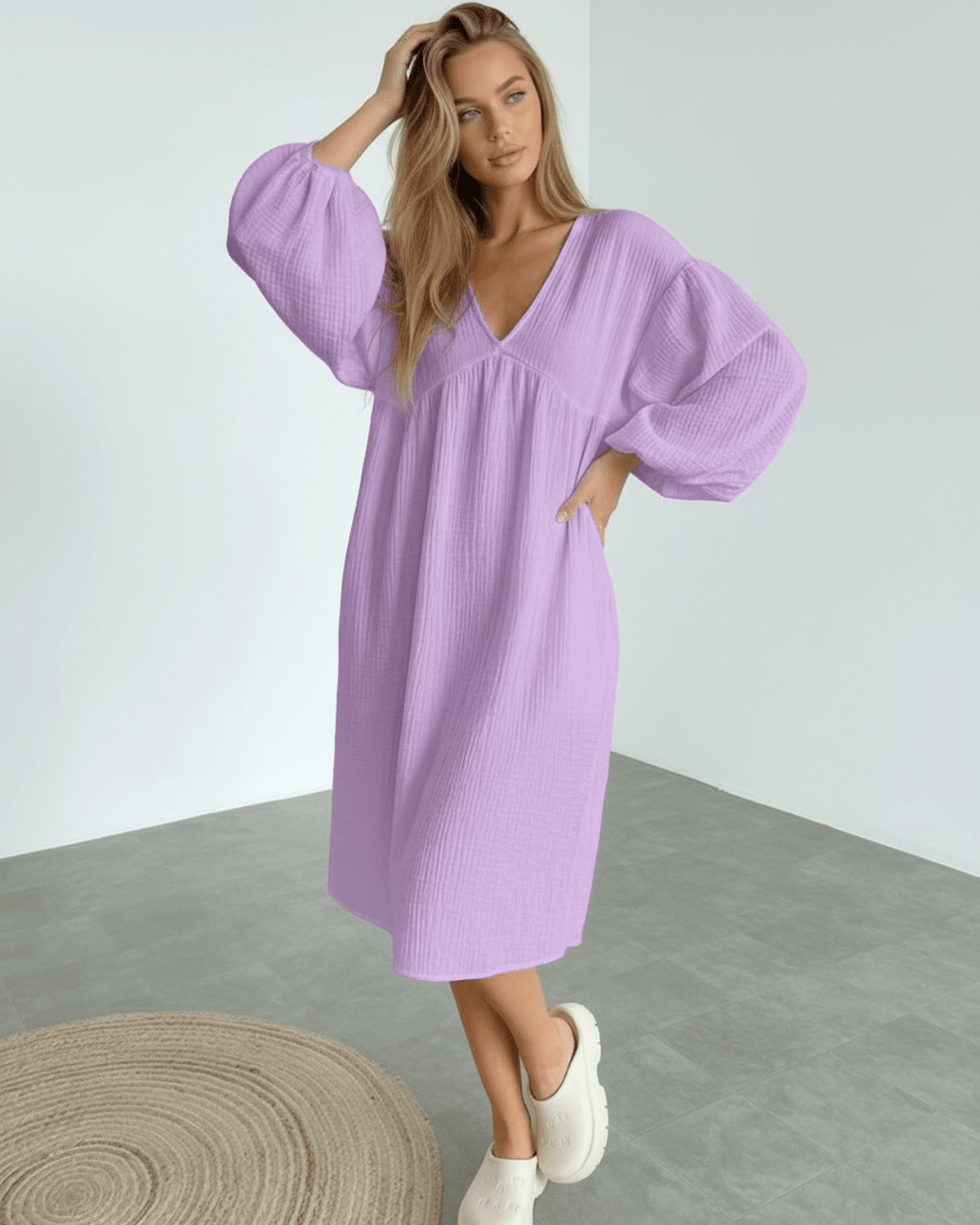 Elara Midi Dress – Lavender Cotton Midi Dress with Puff Sleeve Detail by Lauven, perfect for everyday elegance.