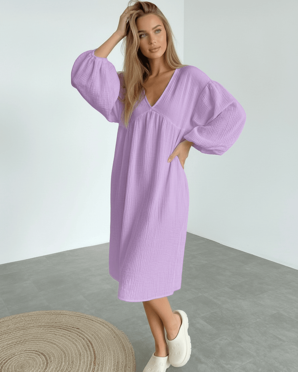 Elara Midi Dress - Lavender cotton dress with puff sleeves, perfect for everyday elegance by Lauven.
