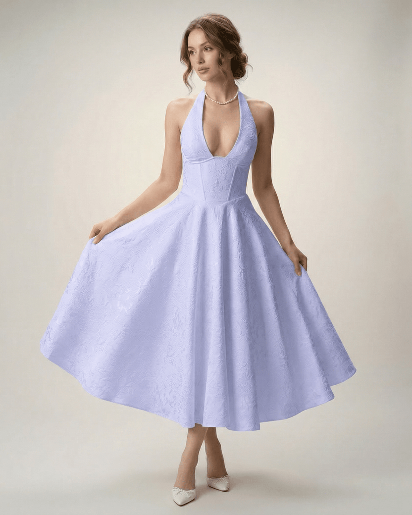 Elara Midi Dress in soft lavender, featuring halter neckline and A-line silhouette, exuding elegance by Lauven.
