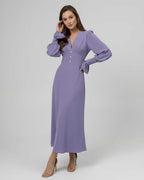 Elara Midi Dress in lavender, long sleeve, A-line, refined V-neckline, by Lauven, perfect for events and celebrations.