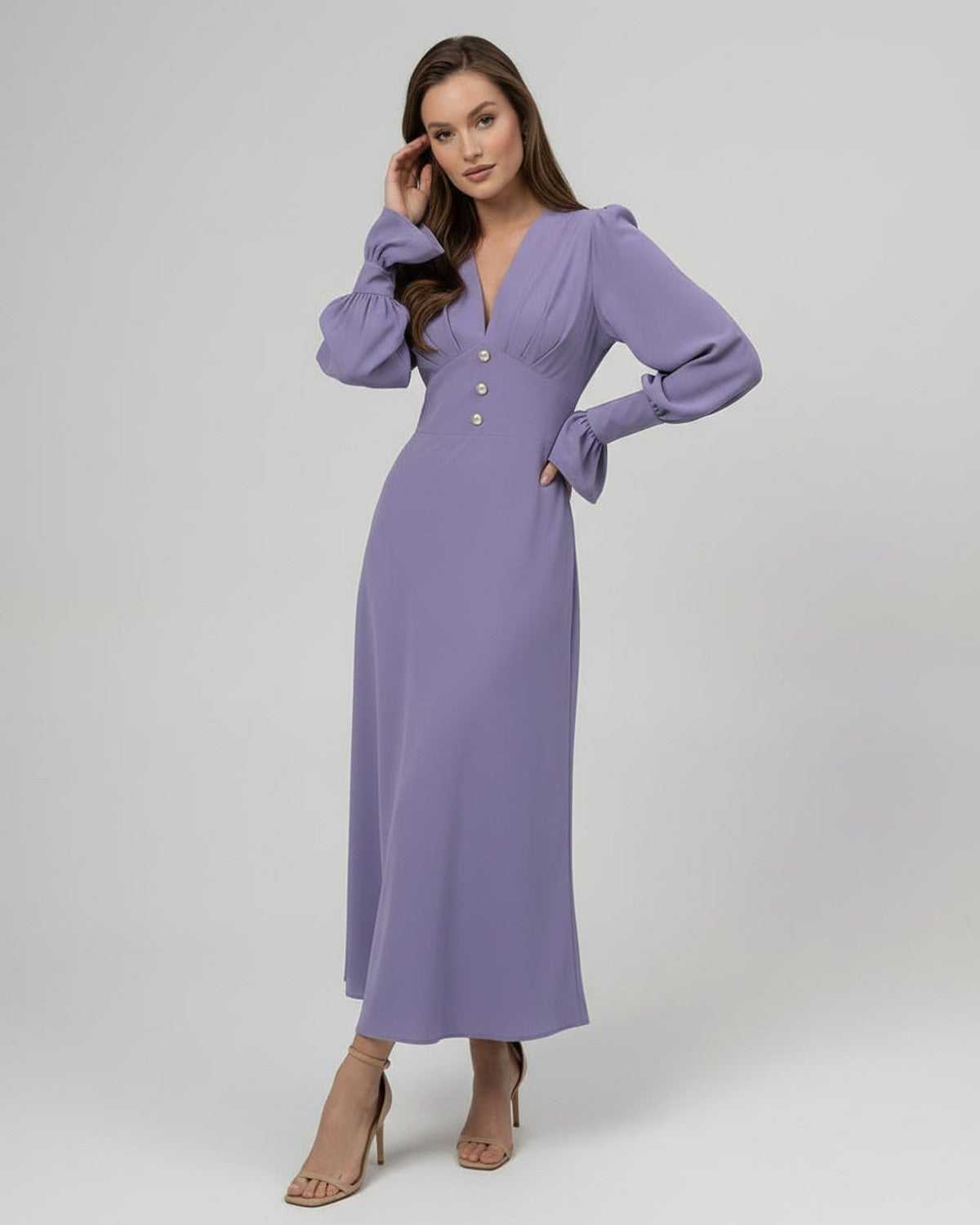 Elara Midi Dress in lavender, long sleeve, A-line, refined V-neckline, by Lauven, perfect for events and celebrations.