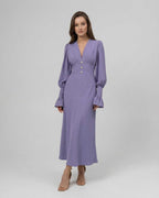 Elara Midi Dress - Long sleeve lavender dress with V-neckline and A-line silhouette by Lauven.