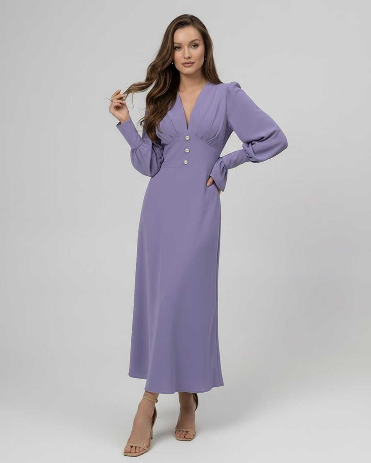 Elara Midi Dress in lavender featuring long sleeves, flattering V-neckline, and elegant A-line silhouette by Lauven.