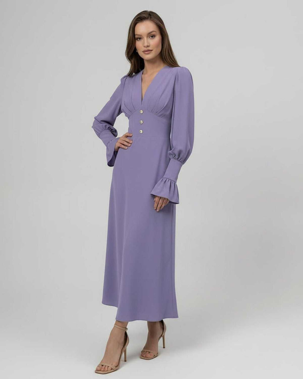 Elara Midi Dress in lavender, long sleeve A-Line with V-neckline, designed by Lauven for elegant day-to-night wear.