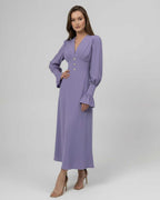 Elara Midi Dress in lavender, long sleeve A-Line with V-neckline, designed by Lauven for elegant day-to-night wear.