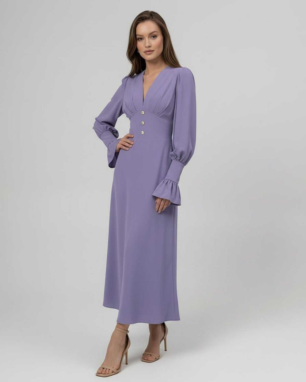 Elara Midi Dress in lavender, long sleeve A-Line with V-neckline, designed by Lauven for elegant day-to-night wear.