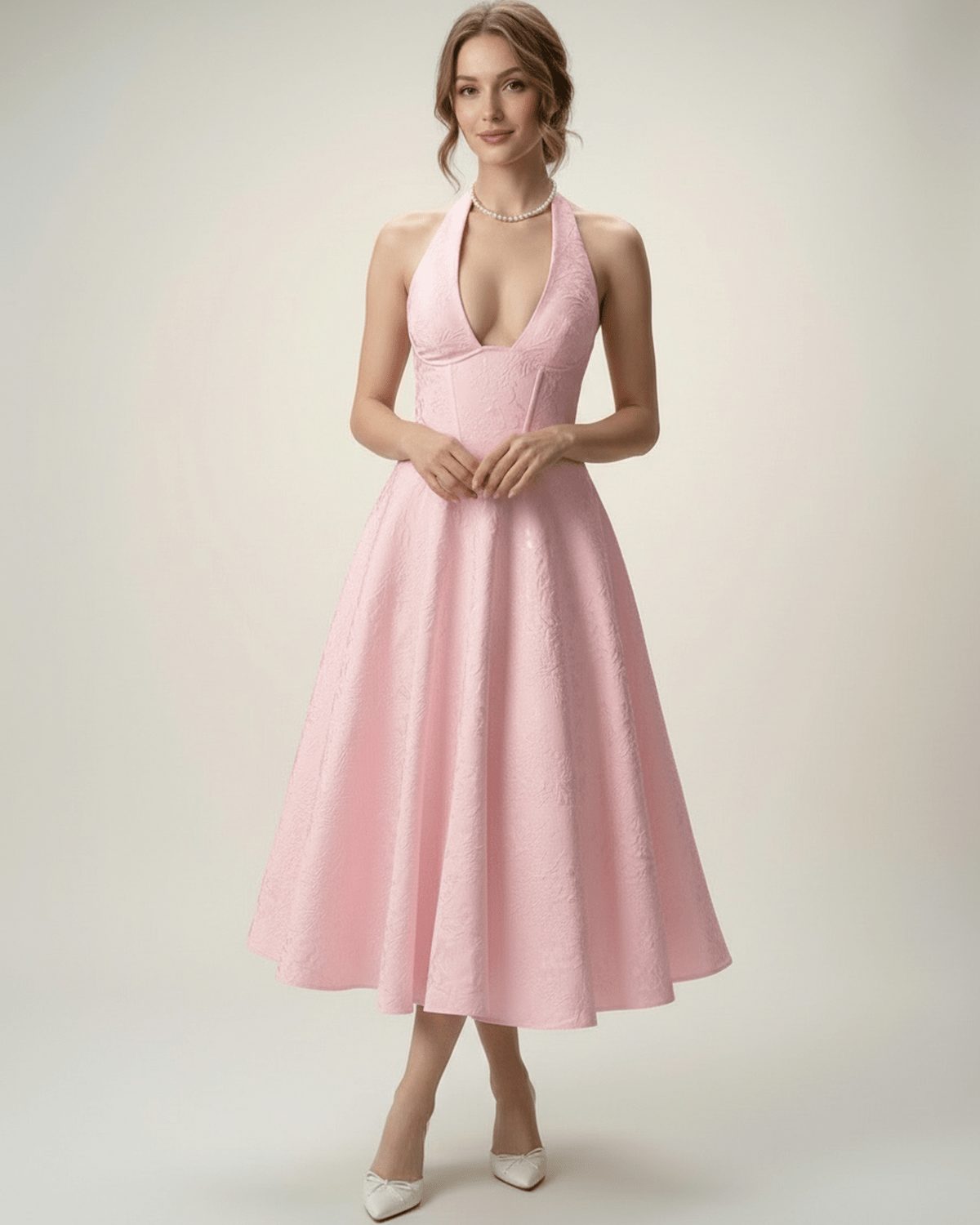 Elara Midi Dress – Elegant pink A-line silhouette with halter neckline from Lauven, perfect for sophisticated occasions.