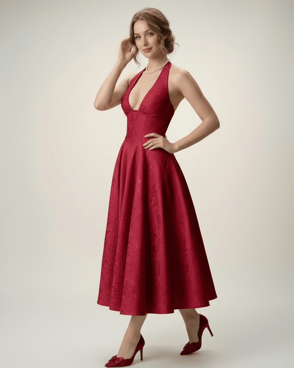 Elara Midi Dress by Lauven, elegant midi dress with halter neckline and A-line silhouette, perfect for sophisticated occasions.