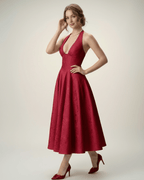 Elara Midi Dress by Lauven, elegant midi dress with halter neckline and A-line silhouette, perfect for sophisticated occasions.