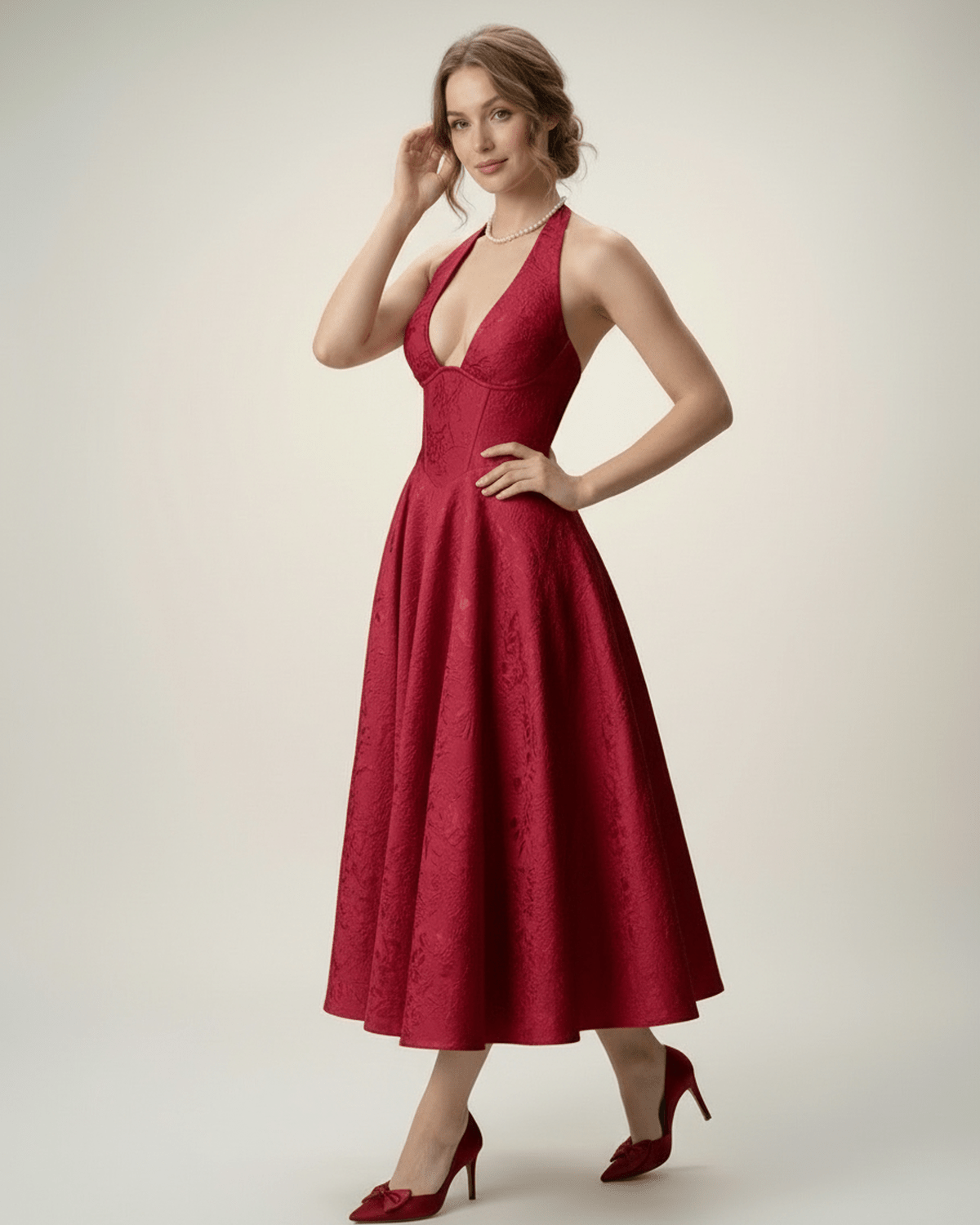 Elara Midi Dress by Lauven, elegant midi dress with halter neckline and A-line silhouette, perfect for sophisticated occasions.