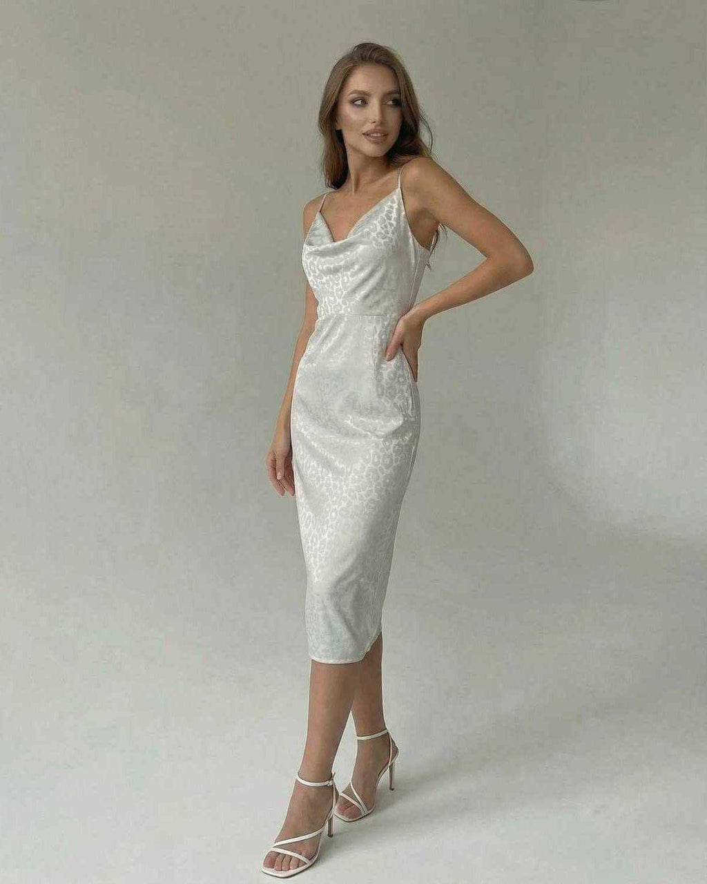 Elara Midi Dress by Lauven — Satin-effect spaghetti strap split midi dress for elegant occasions.