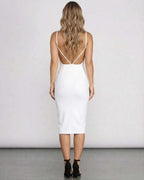 Elara Midi Dress – Back view of a white bodycon midi dress with open back, elegant silhouette from Lauven.