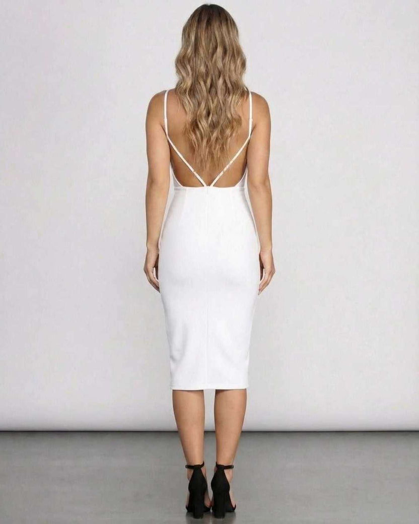 Elara Midi Dress – Back view of a white bodycon midi dress with open back, elegant silhouette from Lauven.