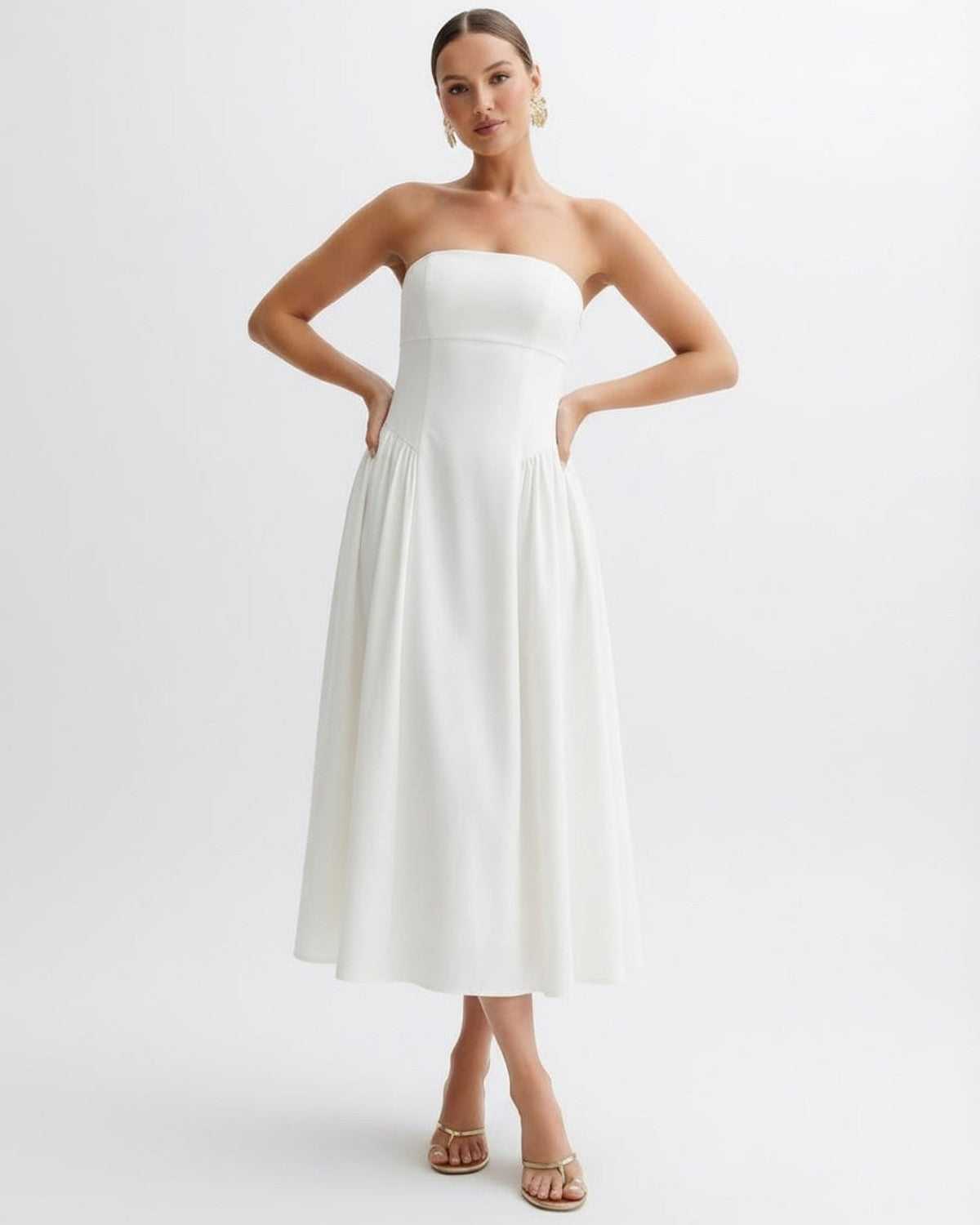 Elara Midi Dress - Strapless white midi dress with pleated skirt, designed by Lauven for timeless elegance.